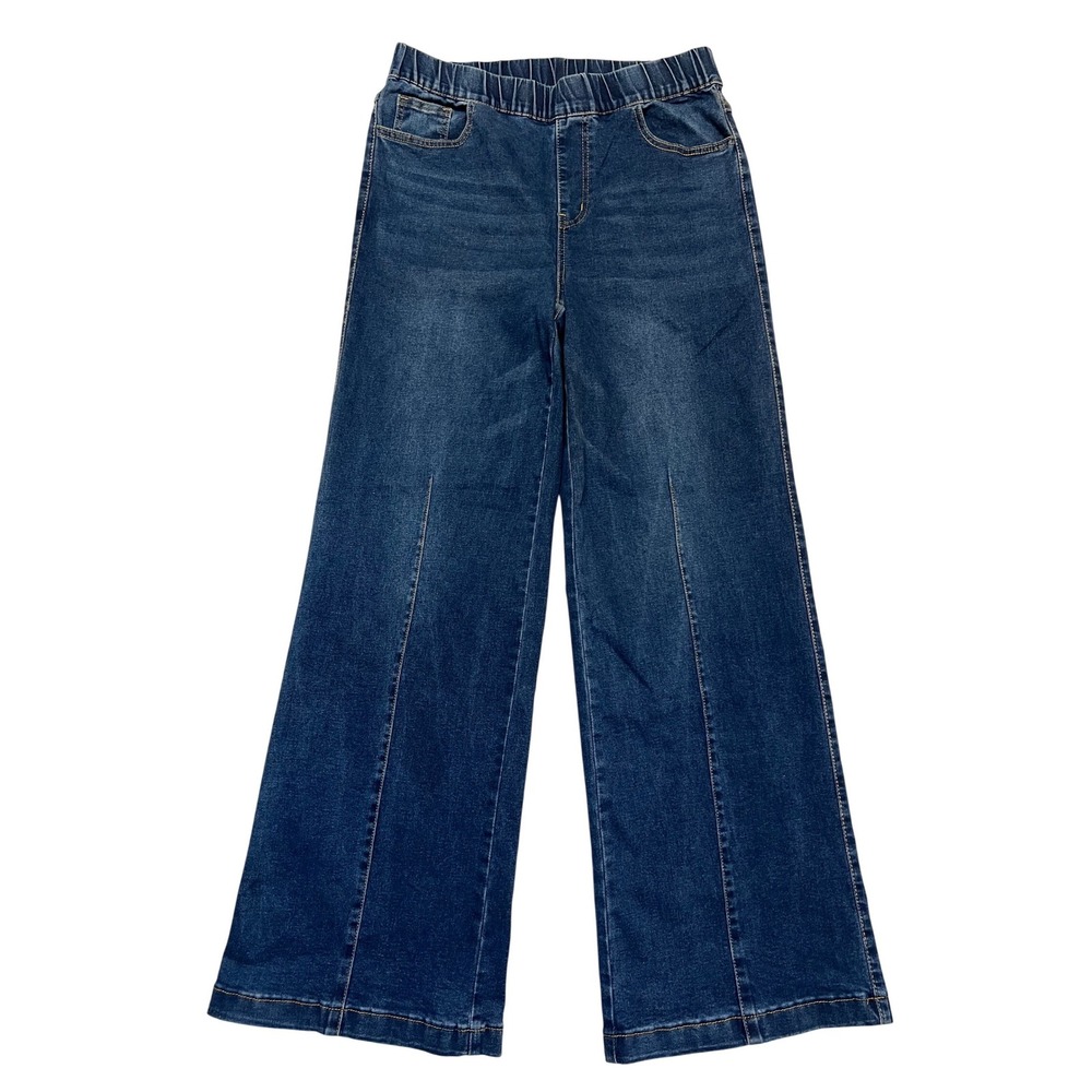 Wide Leg Medium Wash Comfy Pull On Elastic Waist Seam Front Denim Jeans Size M